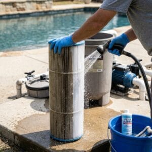 Cleaning pool filter cartridge with hose