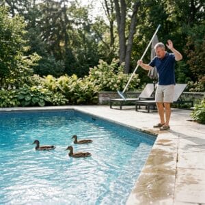 Man chasing ducks from pool