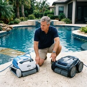 Man comparing two pool cleaners.